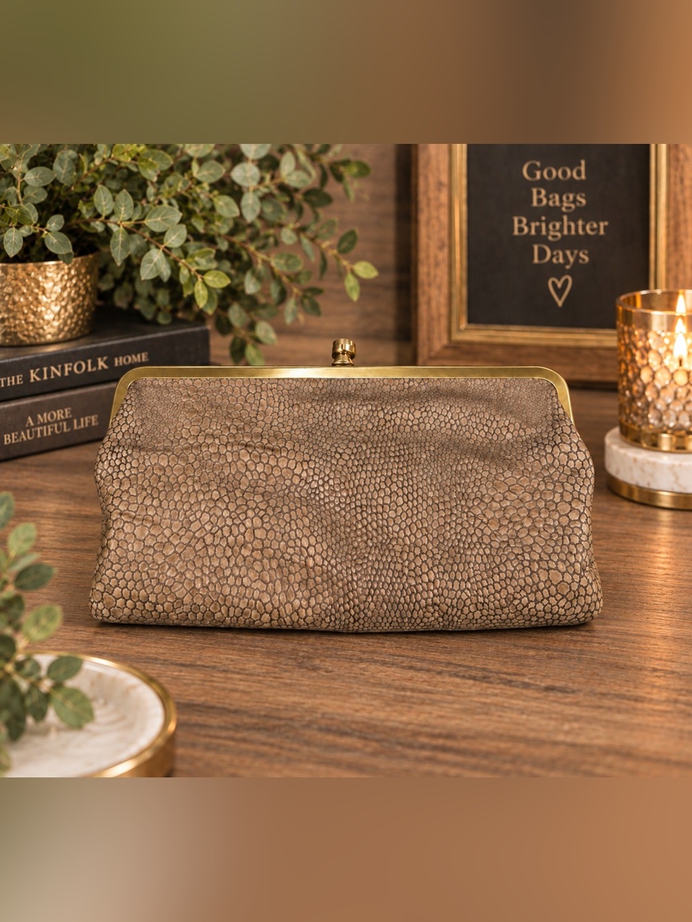 HOBO Taupe Snakeskin Embossed Leather Frame Clutch Wallet